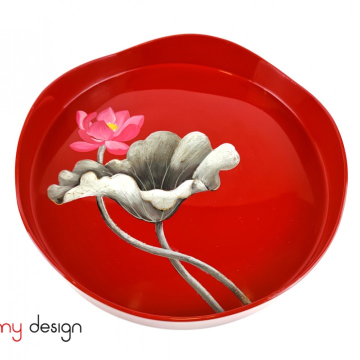 Red round lacquer tray hand-painted with pink lotus 27*H4cm